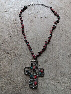 You & I Religious Wire Cross Turquoise Coral Onyx Statement Necklace